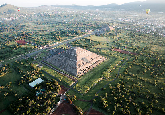 shutterstockRF 718460323 - Aerial of Teotihuacan, as seen from an air balloon. The Sun's Pyramid is at the front and the Moon's Pyramid can be seen at the back. 